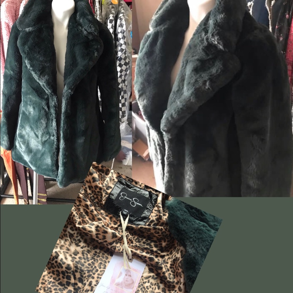 JESSICA SIMPSON DARK GREEN FAUX FUR COAT